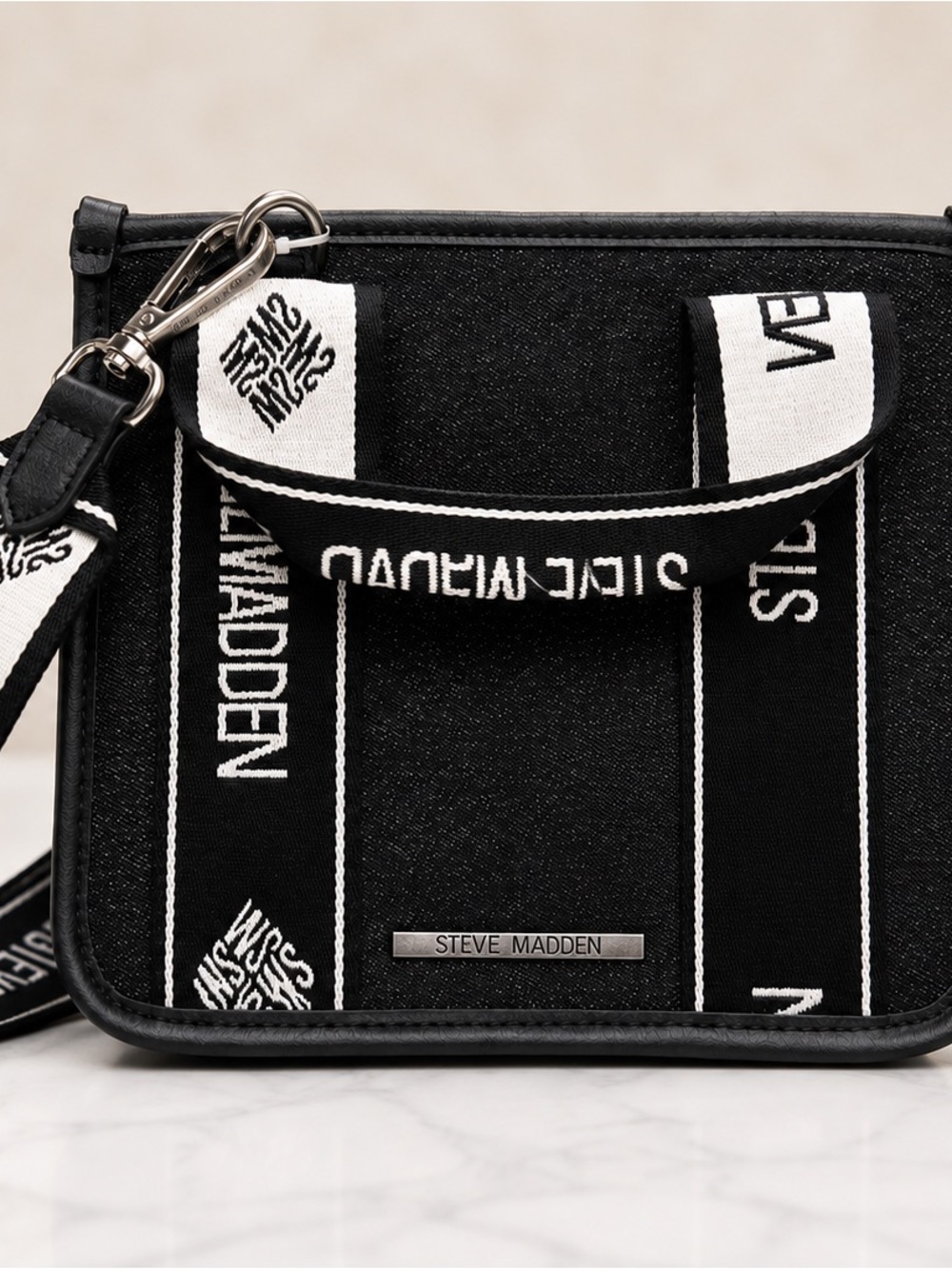 Steve Madden Black and White Logo-Strap Messenger Bag